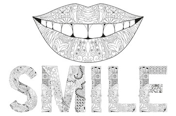 Word smile with silhouette of lips. Vector decorative zentangle object