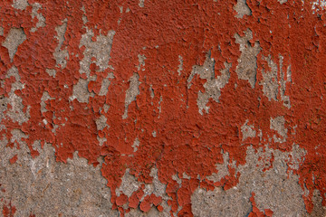 red wall background with withered paint. Old plaster texture