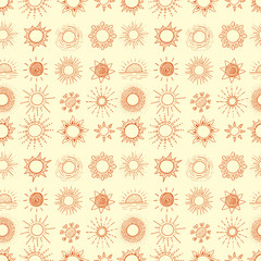 Seamless background with orange doodle sun on yellow. Can be used for wallpaper, pattern fills, textile, web page background, surface textures.