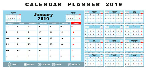 Calendar planner 2019. white, blue, black and red background