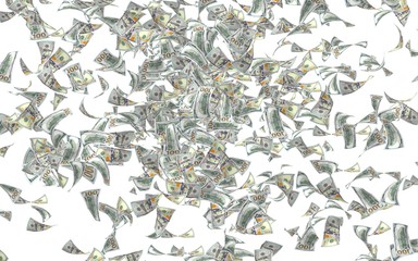 Flying dollars banknotes isolated on a white background. Money is flying in the air. 100 US banknotes new sample. 3D illustration