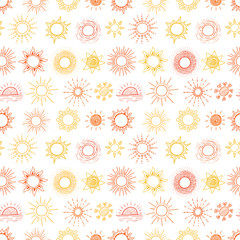 Seamless pattern with yellow and orange doodle sun on white background. Can be used for wallpaper, pattern fills, textile, web page background, surface textures.