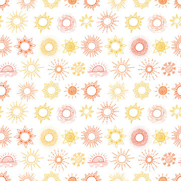 Seamless pattern with yellow and orange doodle sun on white background. Can be used for wallpaper, pattern fills, textile, web page background, surface textures.