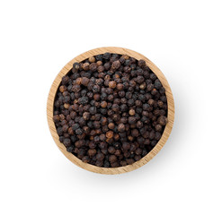black peppercorns in wooden bowl isolated on white background