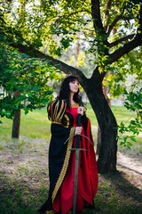 Obraz na płótnie Canvas The Queen with a sword in her hands. Beautiful girl in the crown. Fantasy. Medieval black and red dress with gold embroidery.