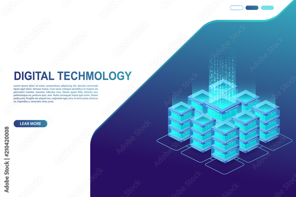 Poster data center, server room. concept of cloud storage, data transfer and data processing.