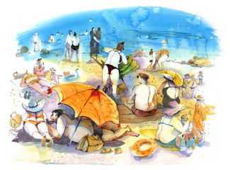 People on the beach, watercolor, illustration