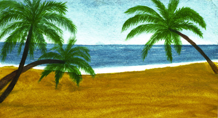 Obraz na płótnie Canvas Summer. Palm trees on sandy beach in watercolor