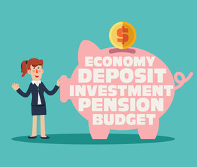 Successful, smiling, business woman with a piggy bank with inscriptions: economy, deposit, investment, pension, budget. Saving and investing money concept. Future financial planning concept
