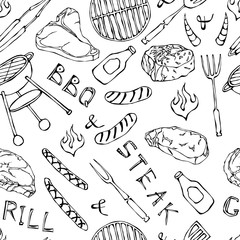 Seamless Pattern of Summer BBQ Grill Party. Steak, Sausage, Barbeque Grid, Tongs, Fork, Fire, Ketchup. Hand Drawn Vector Illustration. Cute Doodle Style.