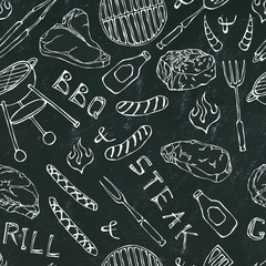 Seamless Pattern of Summer BBQ Grill Party. Steak, Sausage, Barbeque Grid, Tongs, Fork, Fire, Ketchup. Black Board Background and Chalk. Hand Drawn Vector Illustration. Cute Doodle Style.