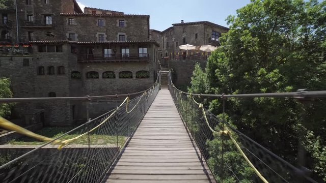 Suspension footbridge at the entrance of Rupit Catalonia Spain