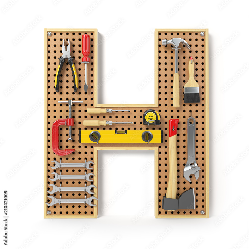 Wall mural letter h. alphabet from the tools on the metal pegboard isolated on white.