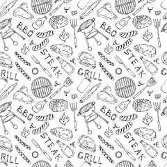 Seamless Pattern of Summer BBQ Grill Party. Beer Can, Bottle and Mug, Steak, Sausage, Barbeque Grid, Tongs, Fork, Fire, Ketchup. Hand Drawn Vector Illustration. Doodle Style.