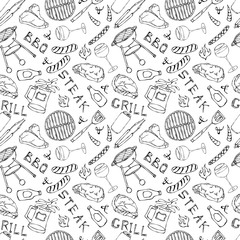 Seamless Pattern of Summer BBQ Grill Party. Glass of Red, White Wine, Steak, Sausage, Barbeque Grid, Tongs, Fork. Hand Drawn Vector Illustration. Doodle Style.