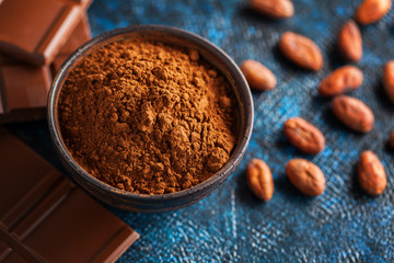 chocolate and cocoa on blue