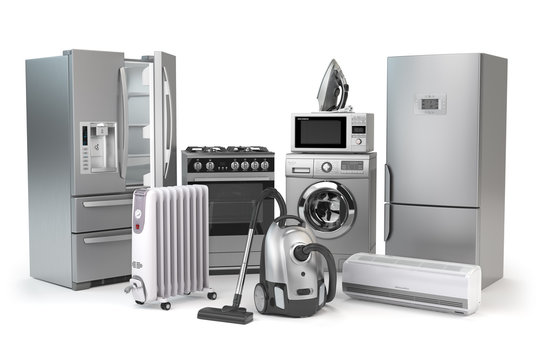 Home appliances. Set of household kitchen technics isolated on white background. Fridge, gas cooker, microwave oven, washing machine vacuum cleaner air conditioneer and iron.