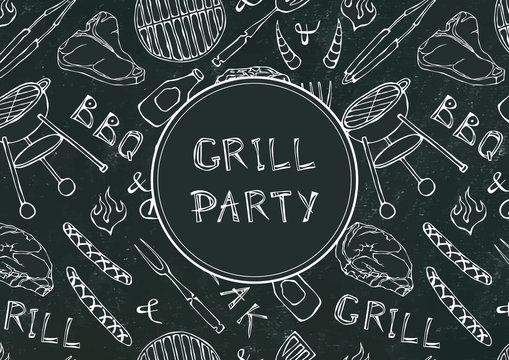 Seamless Pattern of Summer BBQ Grill Party. Steak, Sausage, Barbeque Grid, Tongs, Fork, Fire, Ketchup. Black Board Background and Chalk. Hand Drawn Vector Illustration. Doodle Style.
