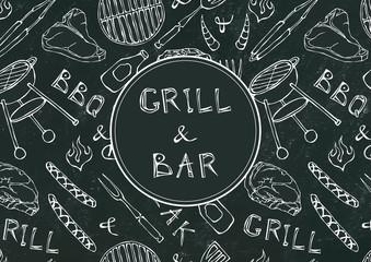 Fototapeta na wymiar Grill Bar. Seamless Pattern of Summer BBQ Grill Party. Beer, Steak, Sausage, Barbeque Grid, Tongs, Fork, Fire. Black Board Background and Chalk. Hand Drawn Vector Illustration. Doodle Style.
