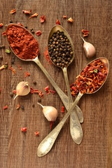 Dry spices in old spoons