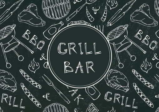 Grill Bar. Seamless Pattern of Summer BBQ Grill Party. Beer, Steak, Sausage, Barbeque Grid, Tongs, Fork, Fire. Black Board Background and Chalk. Hand Drawn Vector Illustration. Doodle Style.