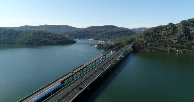 Motorway 1 Sydney Newcastle at the bridge over Hawkesbury river on Australian Central coast of Pacific in aerial landing.
