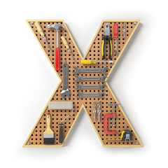 Letter X. Alphabet from the tools on the metal pegboard isolated on white.