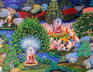 Native Thai Buddhist mural painting of the life of Buddha © boonsom