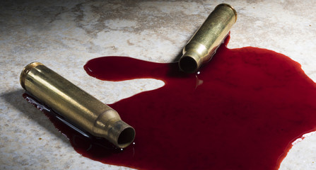 Two empty rifle cartridges on the floor with blood © Guy Sagi