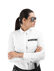 Female security guard in uniform on white background