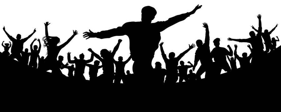 Music festival. Party, concert, dance, fun. Crowd of people silhouette vector. Cheerful youth. Cheer audience. Hand applause. Sports fans