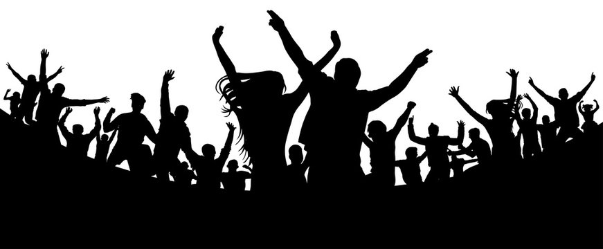 Party, concert, dance, fun. Crowd of people silhouette vector. Cheerful youth.Cheer audience. Hand applause. Music festival