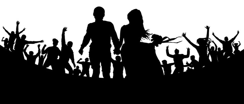 Young couple, man and woman among the crowd. Party, concert, dance, fun. Crowd of people silhouette vector. Cheerful youth.Cheer audience. Hand applause. Music festival