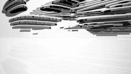 Abstract white and black interior multilevel public space with window. 3D illustration and rendering.