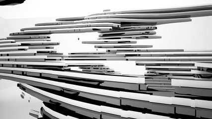 Abstract white and black interior multilevel public space with window. 3D illustration and rendering.