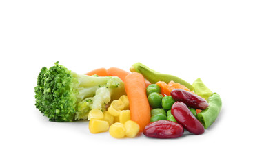 Pile of frozen vegetables on white background