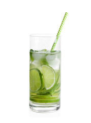 Glass of natural lemonade with lime on white background