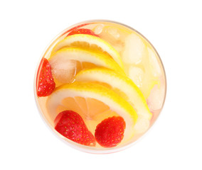 Natural lemonade with strawberries in glass on white background, top view
