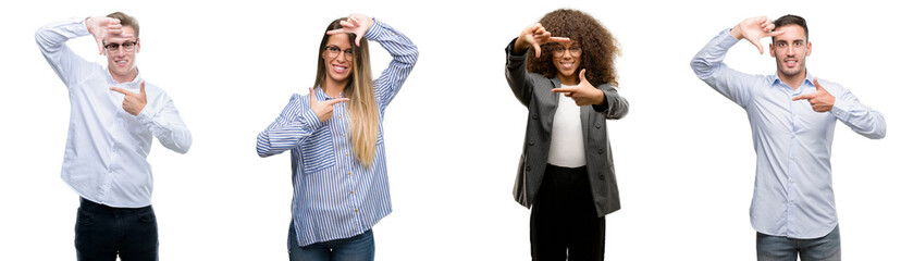 Team of business men and women smiling making frame with hands and fingers with happy face....