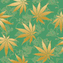 Cannabis or Marijuana leaves in green and gold. Hand drawn seamless pattern in vector format.
- 210428083