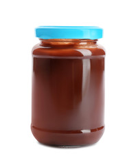 Jar with healthy baby food on white background