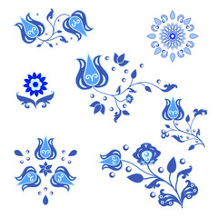 Set of isolated ornament elements in traditional Russian Gzhel style