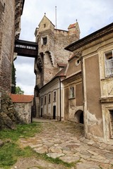 Fototapeta na wymiar Old castle Pernstejn tower with the access bridge