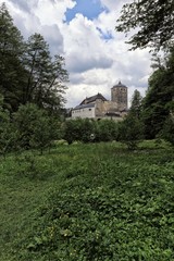 Fototapeta na wymiar Castle Kost above the green grass field