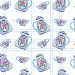 Tea time watercolor seamless pattern. Tea party background design. Hand drawn doodle illustration with teapots and cups.