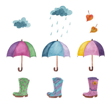 Watercolor autumn set of cloud with rain drops, umbrella, leaf and rubber boots. Autumn icon, banner, logo.