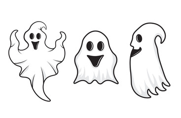 Set of three vector white ghosts isolated on a white background. Halloween characters.