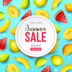 Summer sale background with tropical fruits. Vector illustration.