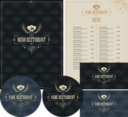 Vector set of design elements for restaurant in baroque style with chefs hat and flatware on dark background with seamless floral pattern. Menu cover, price list, stands for drinks and business cards