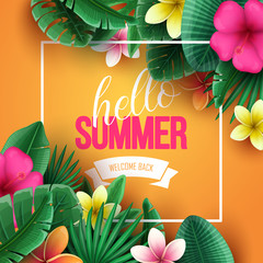 Summer background with tropical flowers and palm leaves. Vector illustration.
